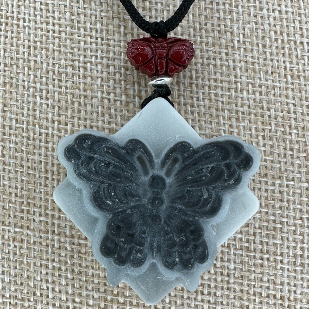 Tai Chi Stone Butterfly Pendant Necklace with Silver and Cinnabar on Rope